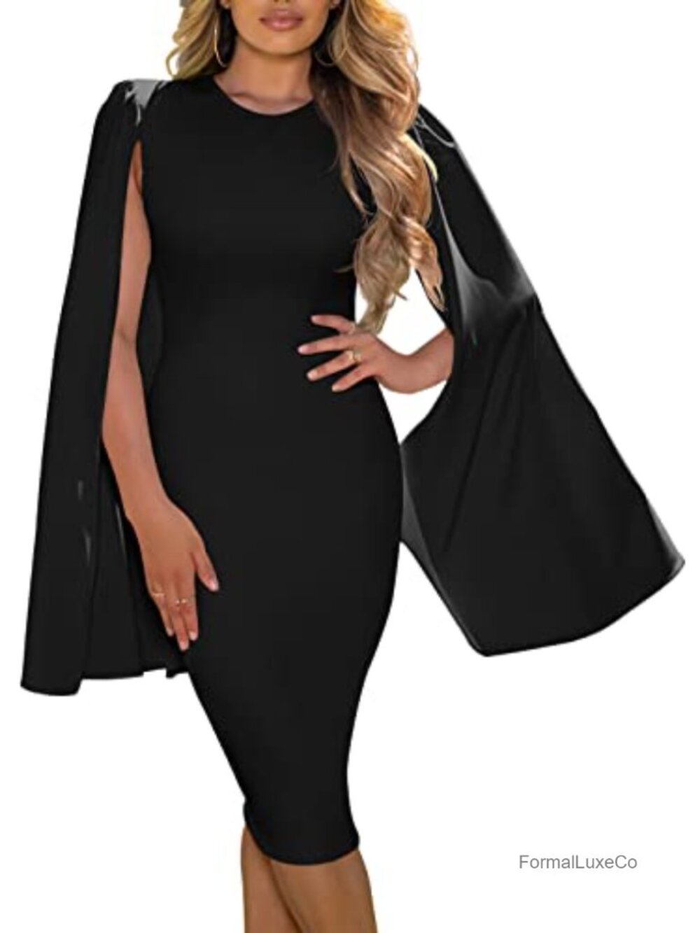 Sleek Cloak-Sleeve Bodycon Midi Dress with Back Zipper – Elegant Stretch Knit
